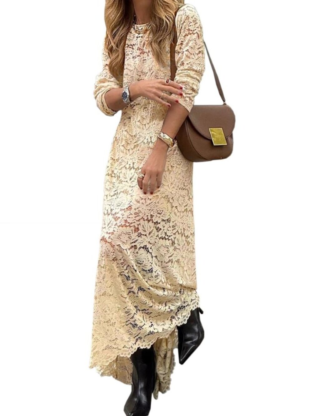 Maxi Dress Outfits for Women Elegant Lace Long Sleeves Floral Dress
